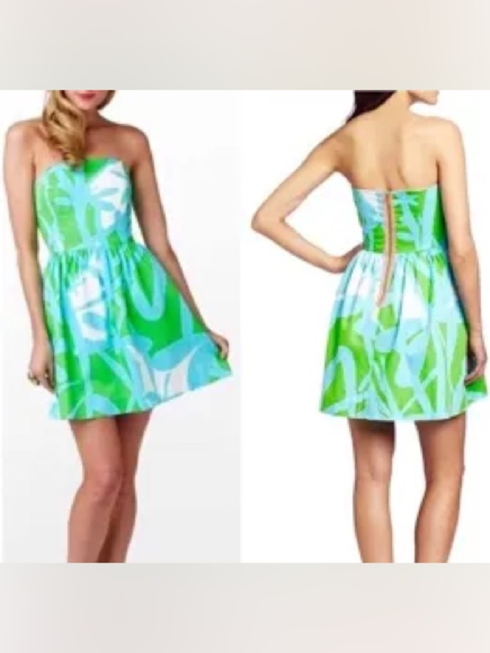 Lilly Pulitzer Lottie Dress Green Blue “All Lit Up” Strapless Floral fit & flare